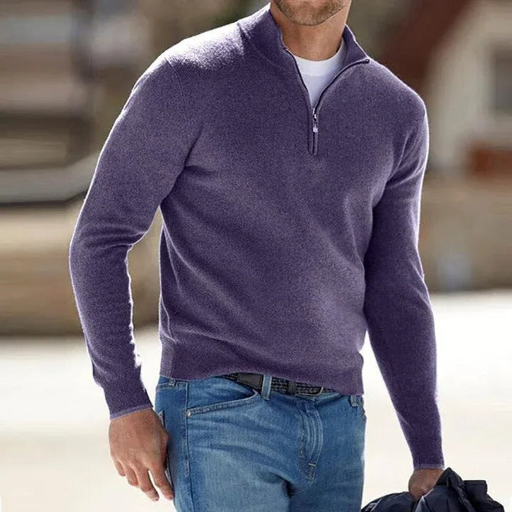 Front view of a men's quarter-zip knit pullover sweater, ideal for diverse outfits.
