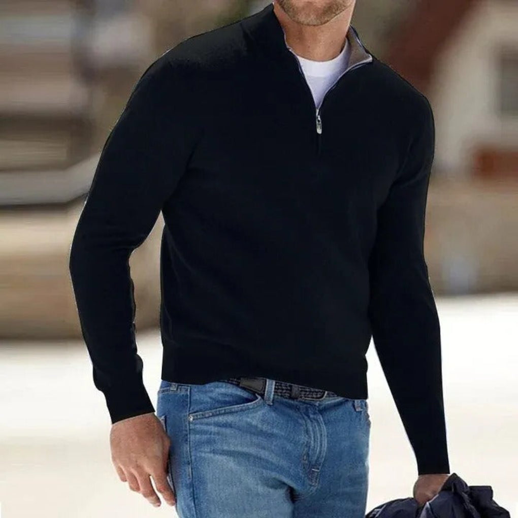 Back view of a men's quarter-zip knit pullover sweater, highlighting its versatile design.