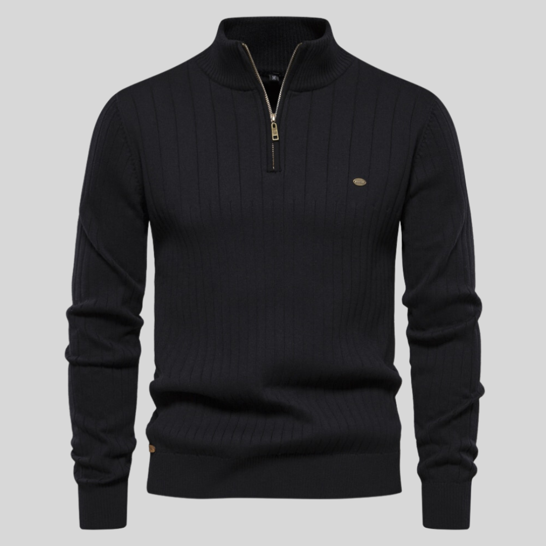 Men's quarter zip long sleeve mock neck sweater. Ideal for casual wear & layering in fall/winter.