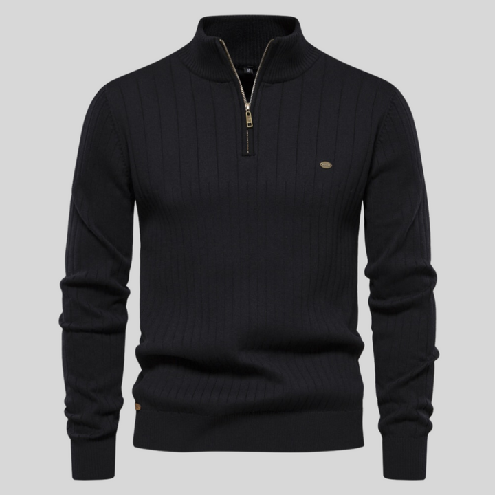 Men's quarter zip long sleeve mock neck sweater. Ideal for casual wear & layering in fall/winter.