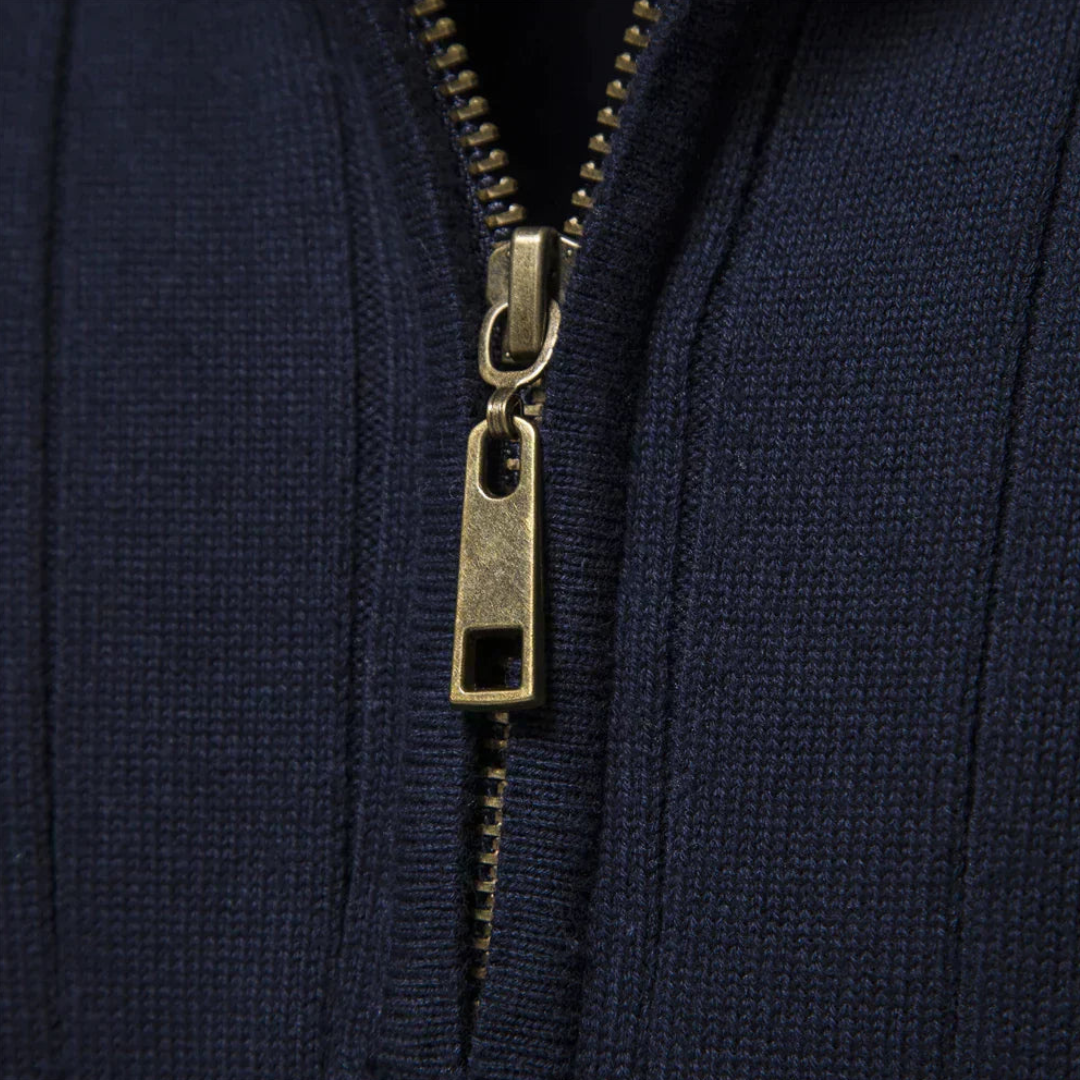 Fitted men's quarter zip long sleeve sweater. Modern mock neck design for fall & winter fashion.