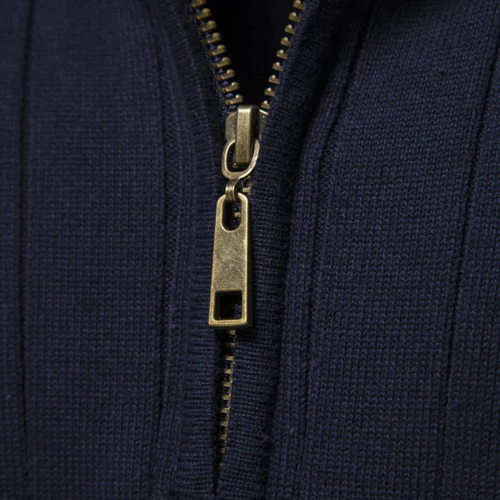 Fitted men's quarter zip long sleeve sweater. Modern mock neck design for fall & winter fashion.