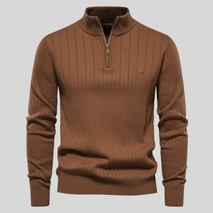 Ribbed men's quarter zip long sleeve sweater. A comfortable pullover for modern men's fashion.