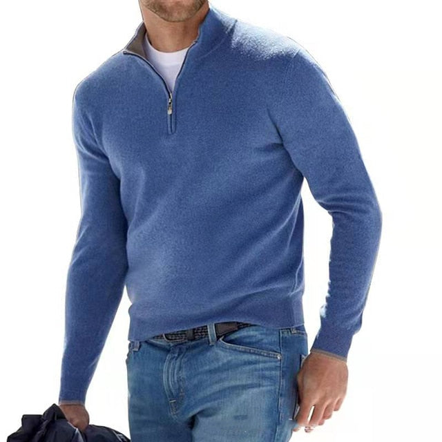Men's quarter zip pullover sweater in grey, showcasing its stylish stand collar and comfortable long sleeves. Perfect for fall.