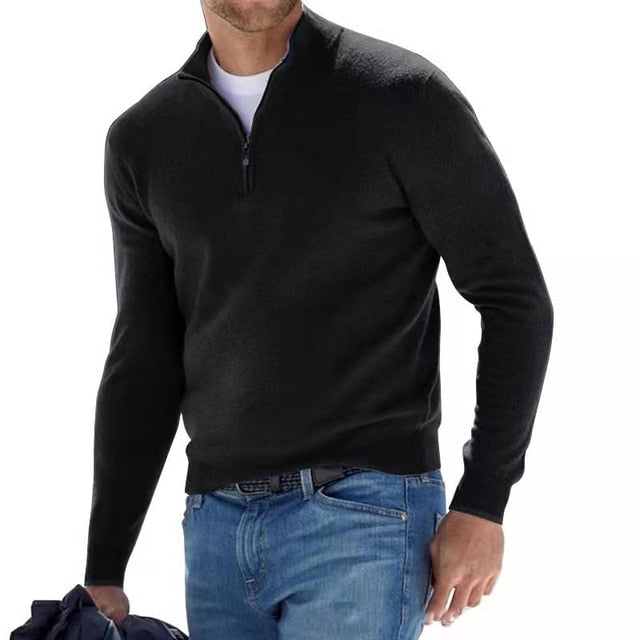 Man wearing a stylish men's quarter zip pullover sweater, ideal for versatile layering and effortless casual comfort.