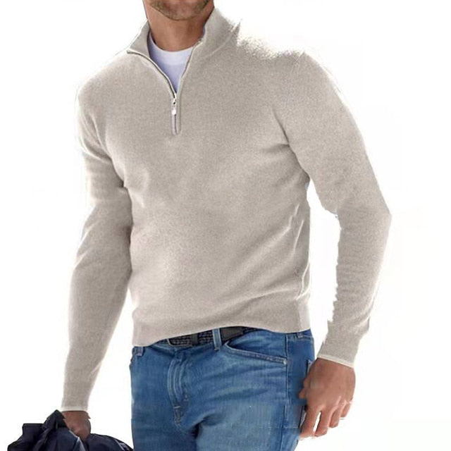Back view of a men's quarter zip pullover sweater, showing its comfortable fit and classic design for everyday wear.