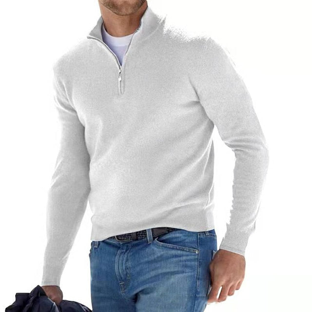 Men's quarter zip pullover sweater in navy blue, offering a versatile and comfortable option for stylish fall outfits.