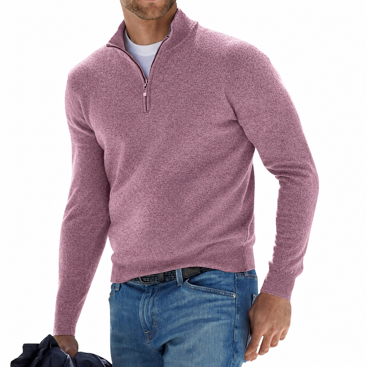 Soft men's quarter zip pullover sweater, designed for maximum comfort and stylish versatility in cooler weather.