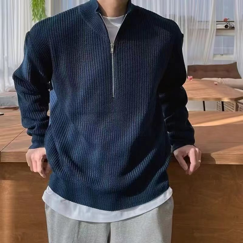 Men's quarter-zip ribbed knit sweater in a casual style. Versatile long sleeve pullover with stand collar, perfect for winter layering.
