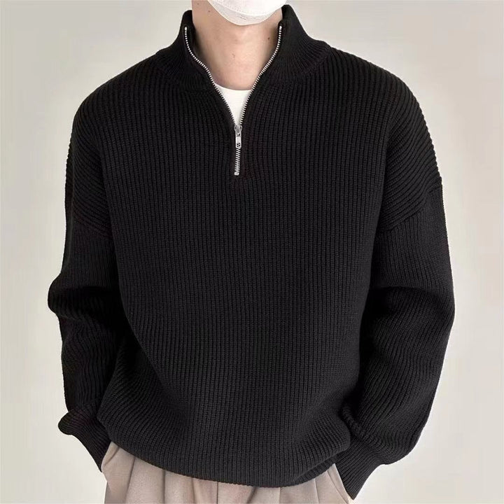 Cozy men's ribbed knit quarter-zip sweater. Soft long sleeve pullover for casual wear & stylish layering in cold weather.