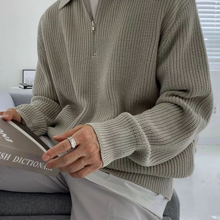 Classic men's quarter-zip ribbed knit pullover. Long sleeve sweater with stand collar, ideal for casual winter wear & layering.