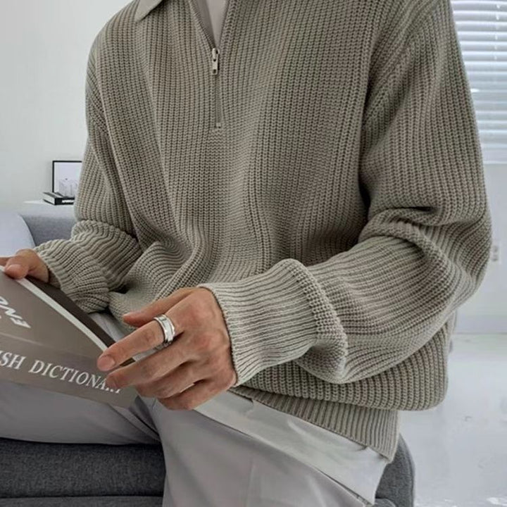 Classic men's quarter-zip ribbed knit pullover. Long sleeve sweater with stand collar, ideal for casual winter wear & layering.