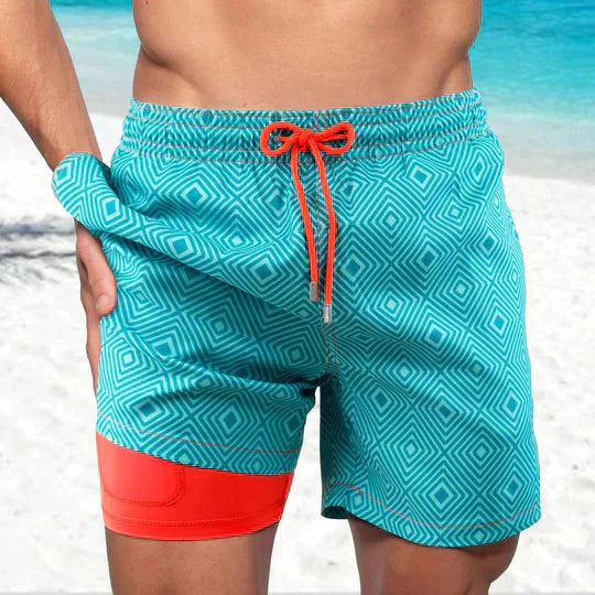 Men's quick-dry swim shorts with a comfortable compression liner, perfect for beachwear & active summer sports.