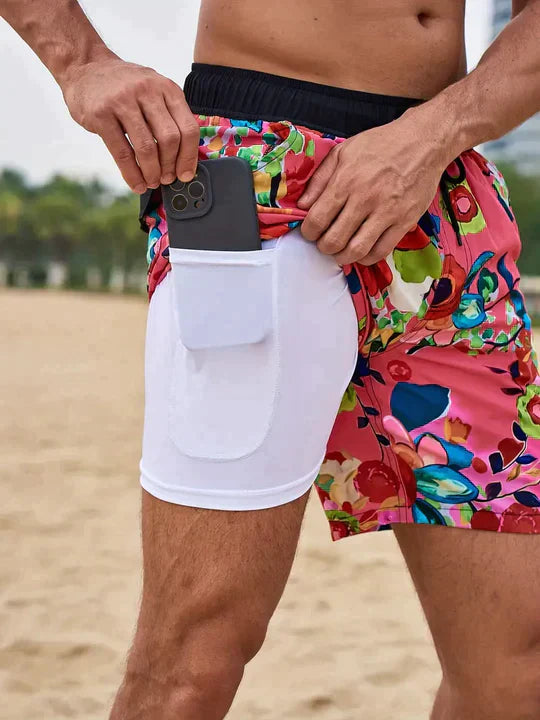 Men's supportive quick-dry swim shorts with compression liner, designed for comfort in all water activities.