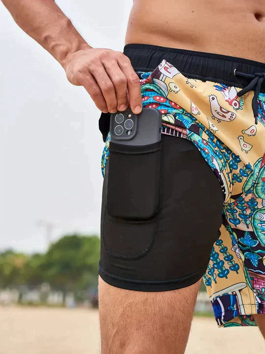 Durable men's quick-dry swim shorts featuring a comfortable compression liner for active beach & pool days.