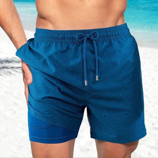 Stylish men's quick-dry swim shorts featuring a compression liner, ideal for swimming, beach & vacation.