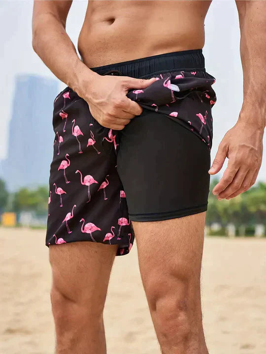 Comfortable men's quick-dry swim shorts with compression liner for active beach days & vacation swimwear.