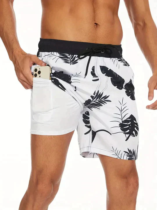 Close-up of men's quick-dry swim shorts fabric, highlighting the integrated compression liner & texture.