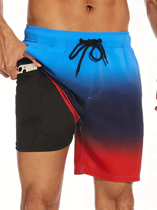 Performance men's quick-dry swim shorts with compression liner for water sports, beach, and active wear.