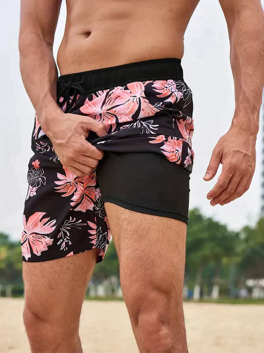 Versatile men's quick-dry swim shorts with compression liner, perfect for pool, beach, and summer activities.