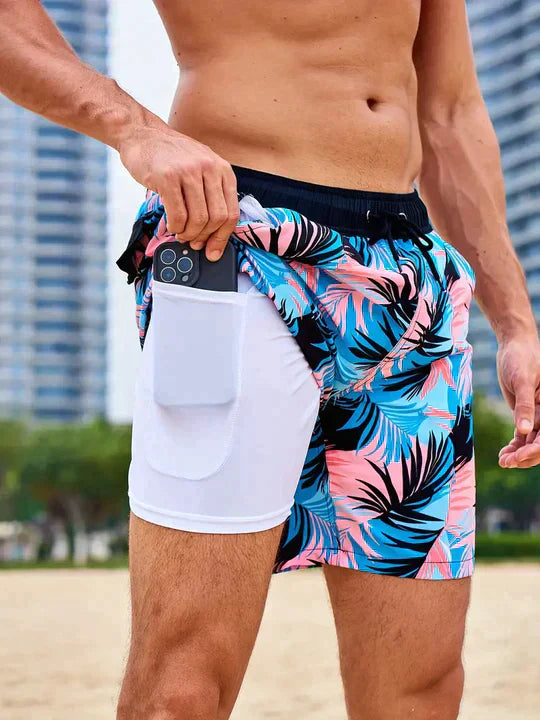 Vibrant men's quick-dry swim shorts with a supportive compression liner, ideal for active summer swimwear.