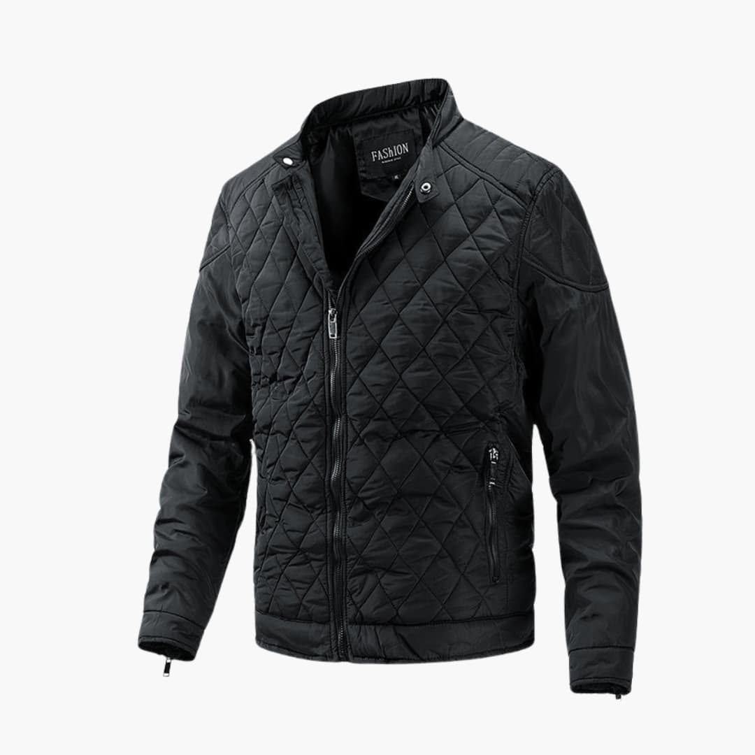 Men's quilted casual bomber jacket in a stylish dark color, perfect for fall and mild winter outerwear.