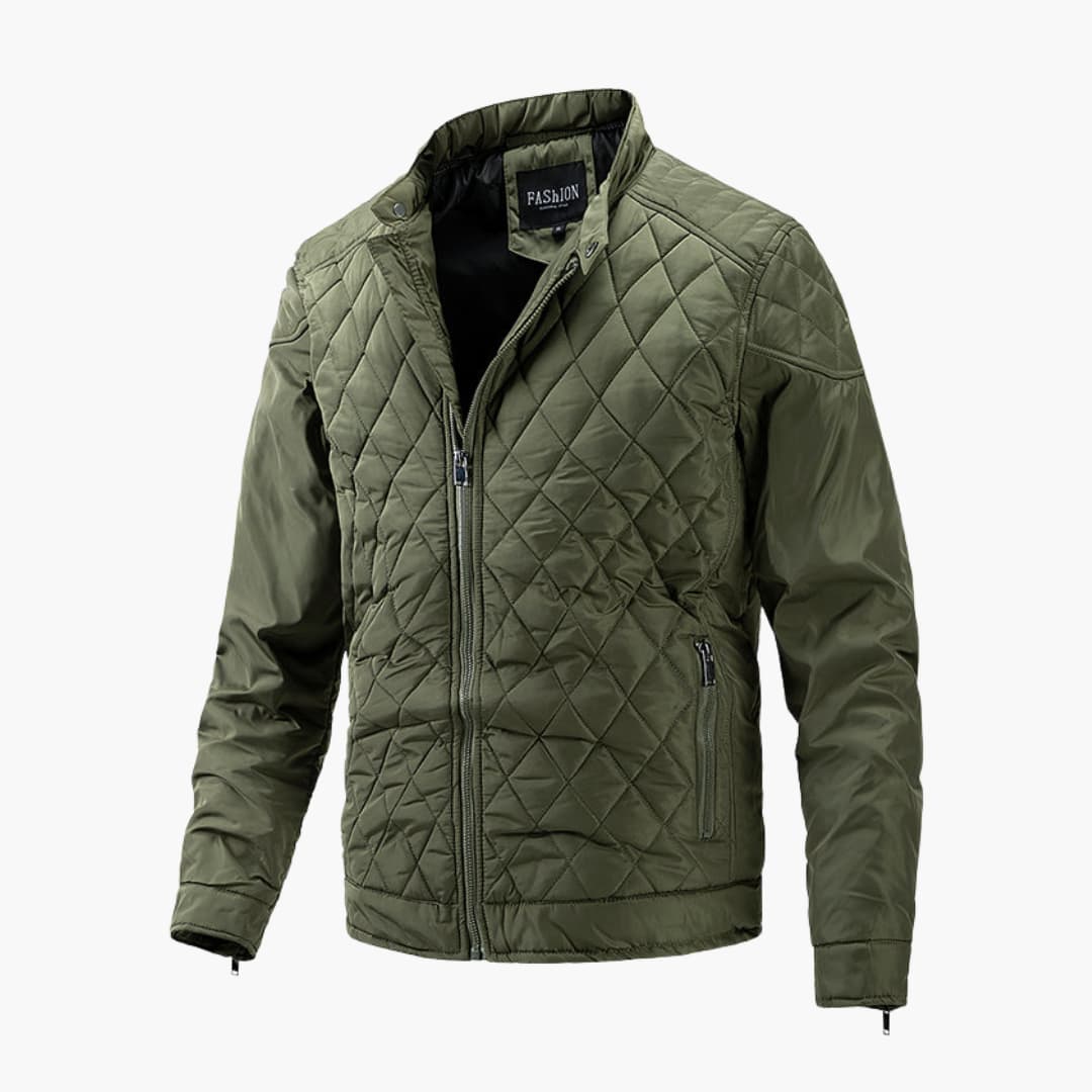 Close-up of a men's quilted bomber jacket, highlighting the detailed stitching and fabric texture.