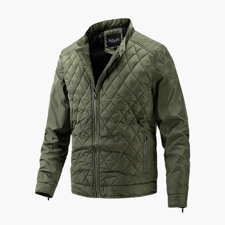 Close-up of a men's quilted bomber jacket, highlighting the detailed stitching and fabric texture.