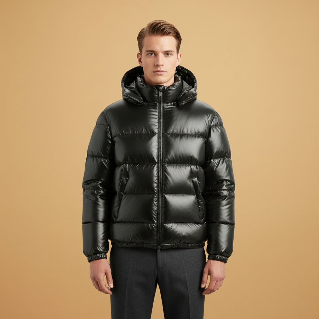 Stylish men's quilted jacket with a cozy hood & padded lining. Perfect casual outerwear for fall fashion.