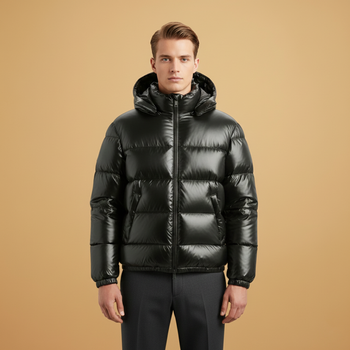 Stylish men's quilted jacket with a cozy hood & padded lining. Perfect casual outerwear for fall fashion.