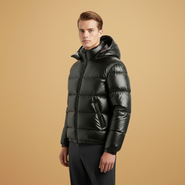Durable men's quilted jacket with hood, padded lining & full zip. Essential fall & spring outerwear for men.