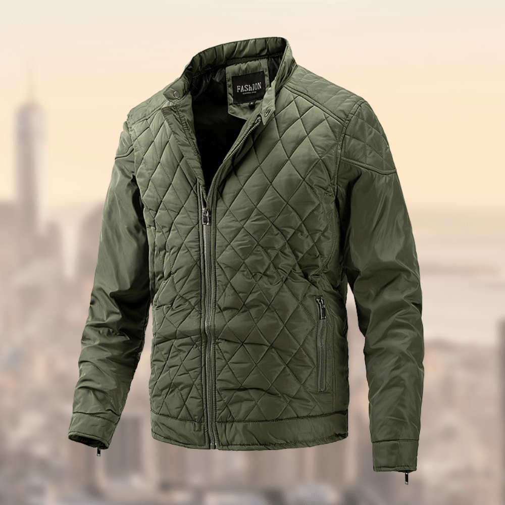 Zip-up men's quilted bomber jacket featuring a lightweight design and stylish stand collar for casual wear.