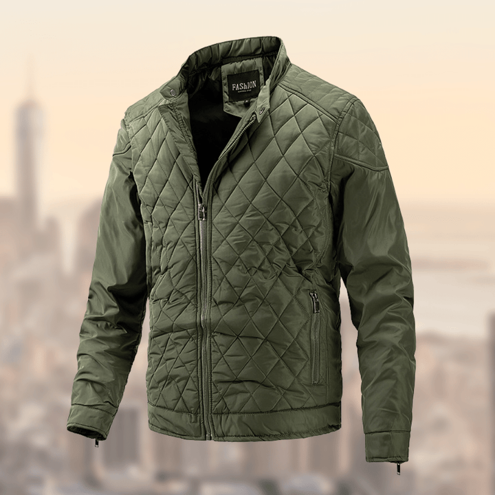 Zip-up men's quilted bomber jacket featuring a lightweight design and stylish stand collar for casual wear.