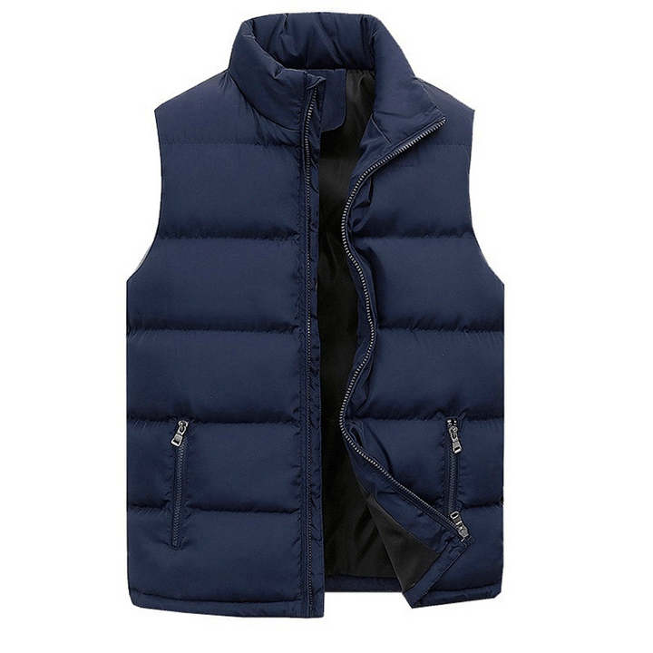 Warm men's puffer vest. Casual quilted sleeveless jacket for winter outerwear, perfect for layering.