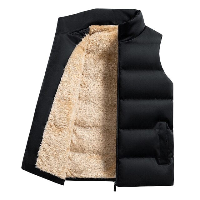 Warm men's winter vest with quilted puffer design. A versatile sleeveless outerwear option for stylish cold weather layering.