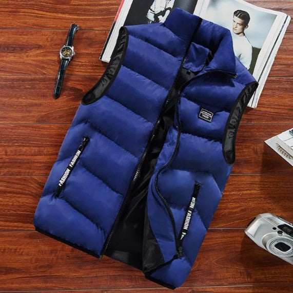 Men's warm zip-up quilted puffer vest jacket with a protective stand collar for winter.
