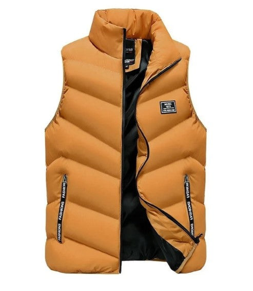 Comfortable men's insulated quilted puffer vest with a stand collar, great for cold weather.