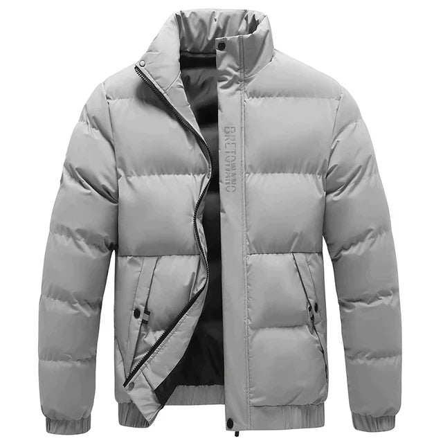 Stylish Men's zip-up Quilted Puffer Jacket with stand collar, ideal warm winter outerwear.