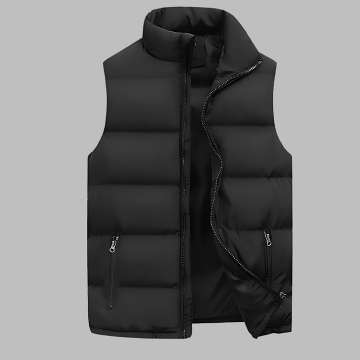 Men's quilted thermal bodywarmer vest for winter, cotton lining, broadcloth fabric, casual outerwear.