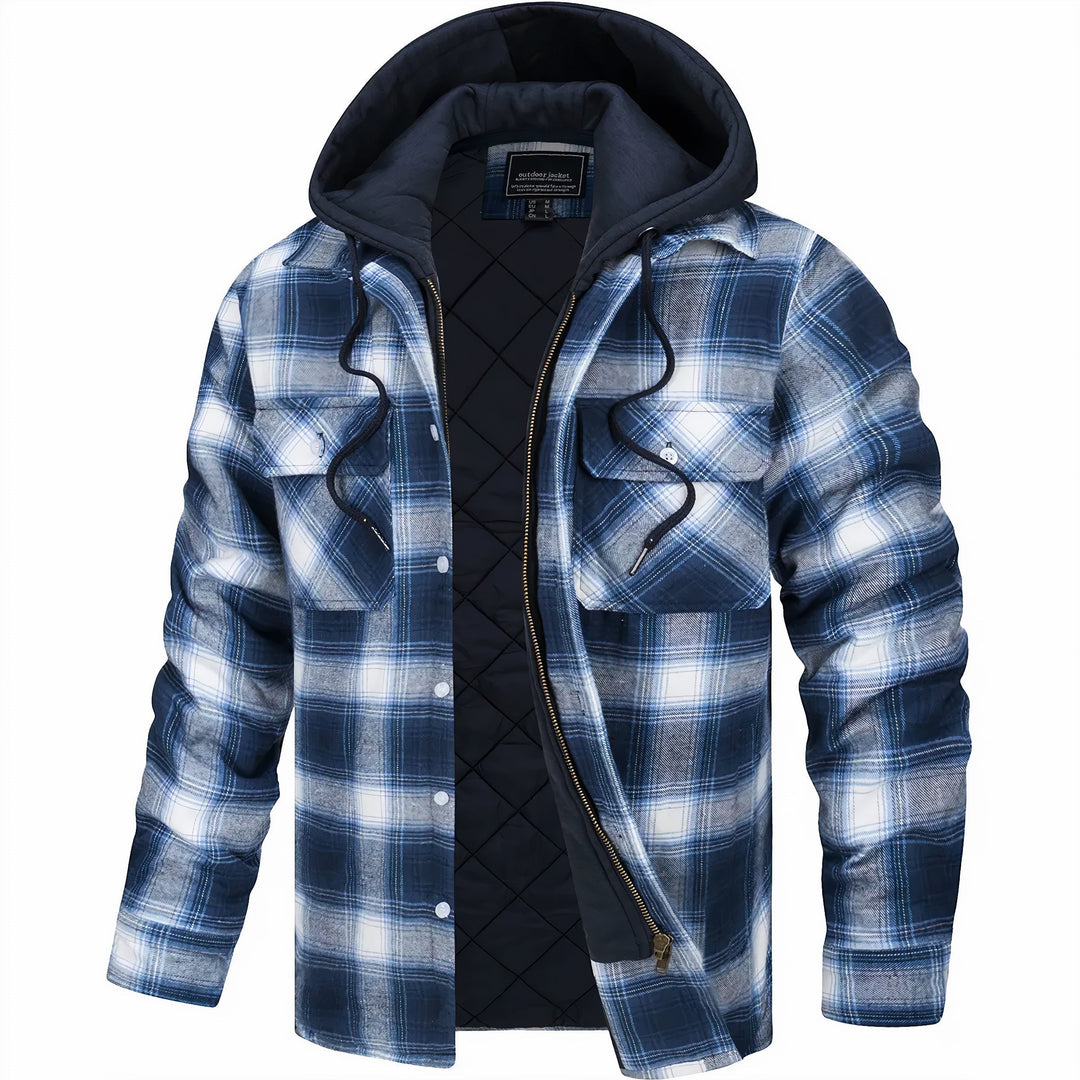 Stylish men's quilted plaid jacket with a hood, ideal for everyday fashion and warmth.