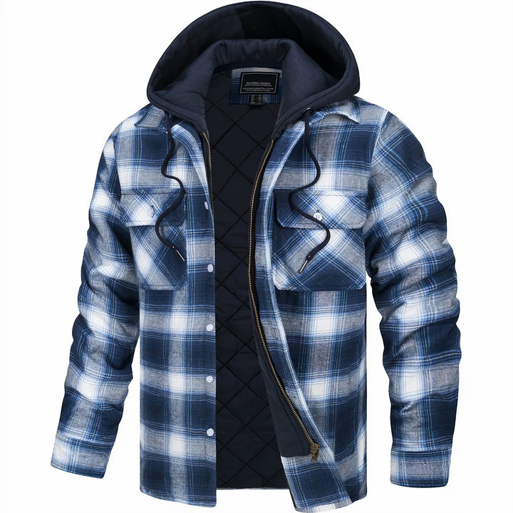 Stylish men's quilted plaid jacket with a hood, ideal for everyday fashion and warmth.