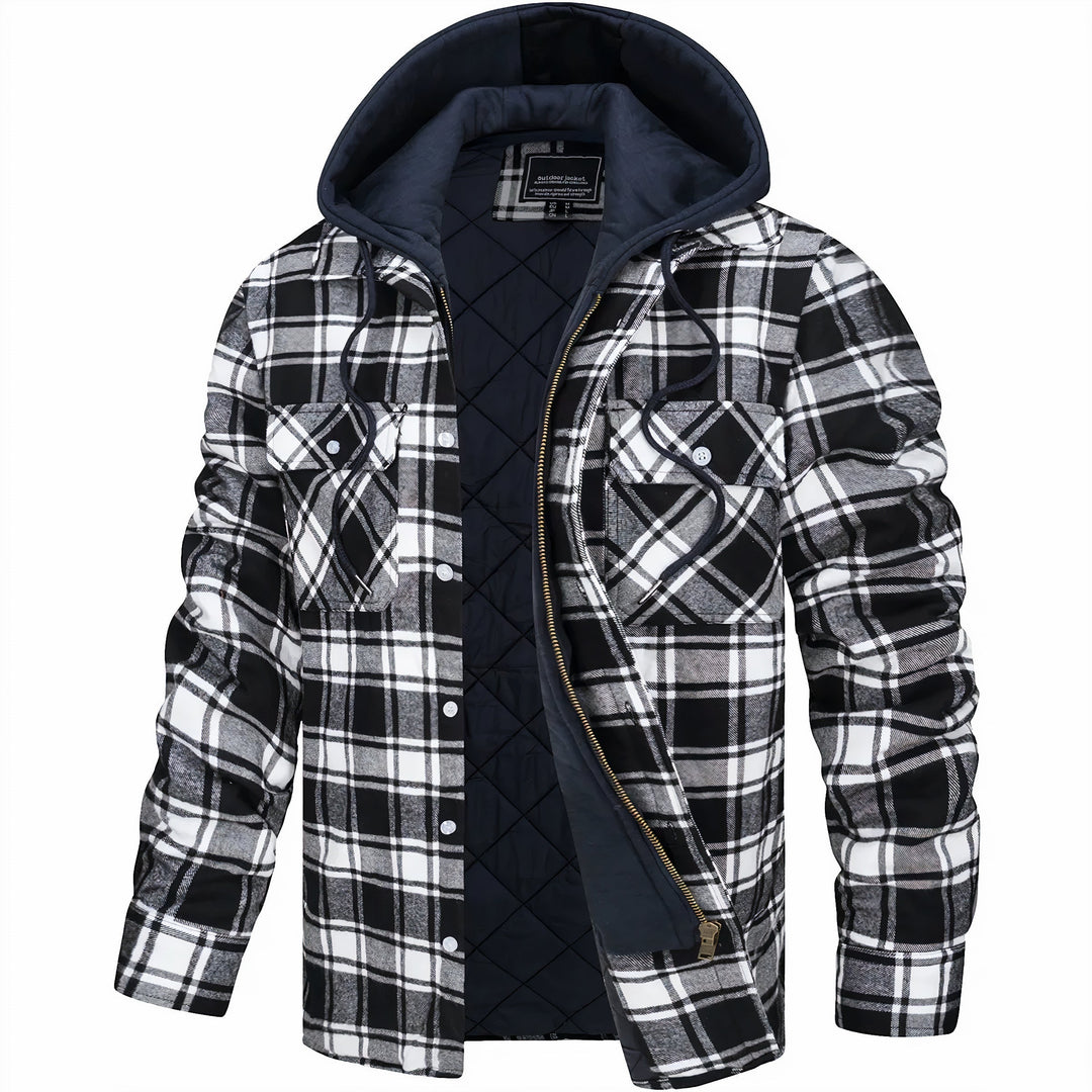 Close-up of the quilted pattern on a men's plaid hooded winter coat, soft and durable.