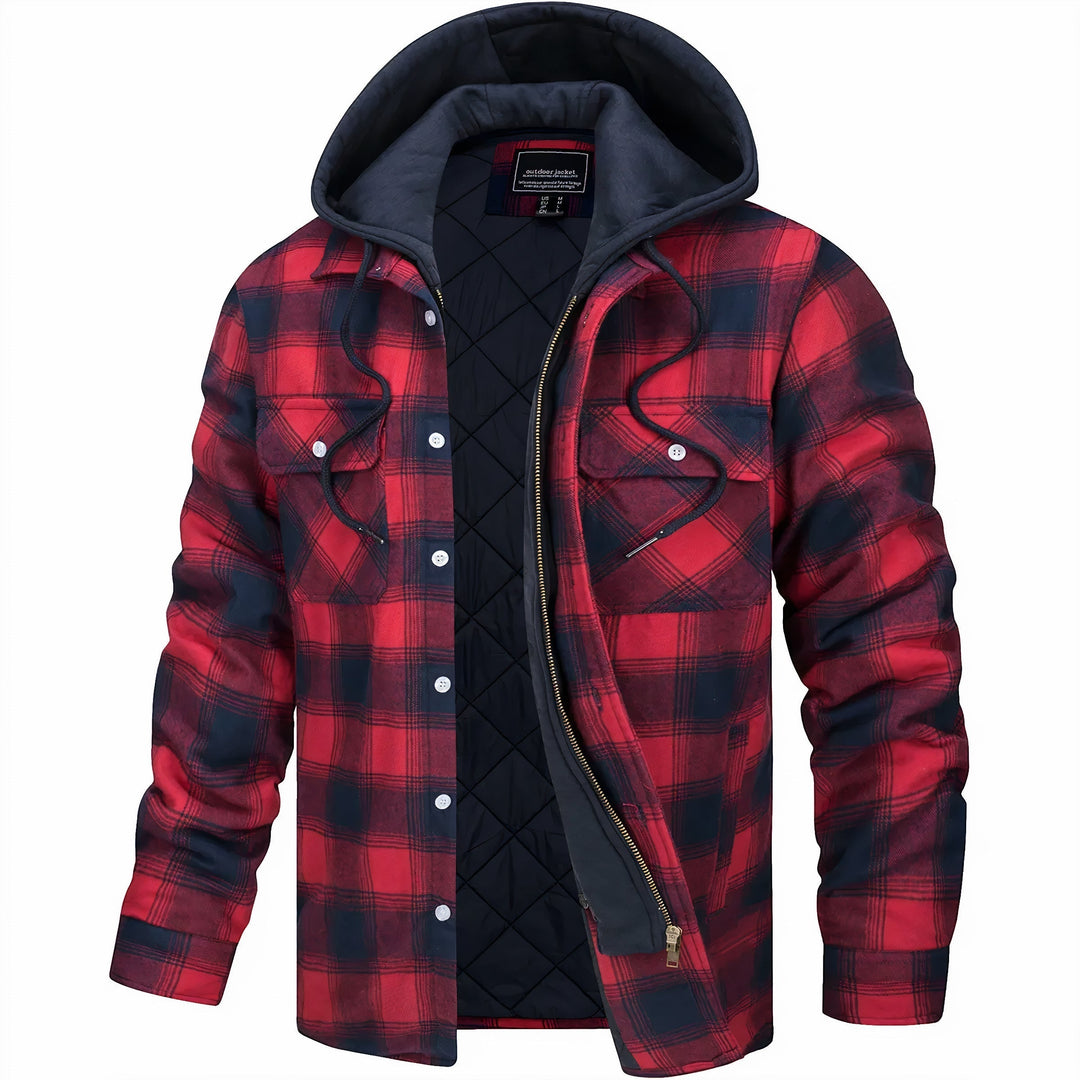 Full view of a man wearing a casual plaid hooded quilted jacket, suitable for cold weather.