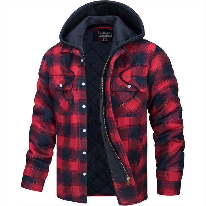 Full view of a man wearing a casual plaid hooded quilted jacket, suitable for cold weather.