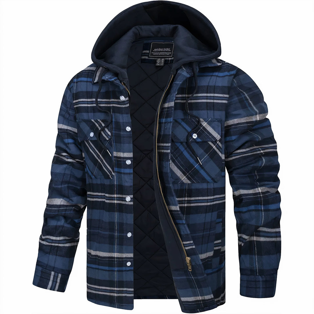 Men's warm plaid outerwear jacket featuring a comfortable hood and quilted design.