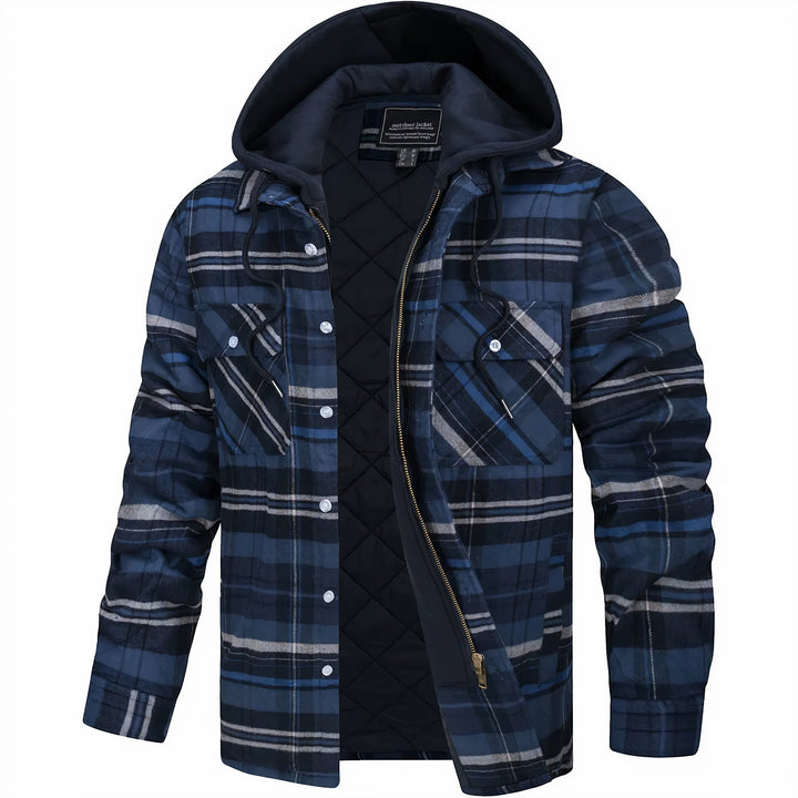 Men's warm plaid outerwear jacket featuring a comfortable hood and quilted design.