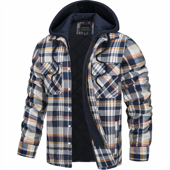 Fashionable men's hooded quilted jacket in a plaid pattern, great for winter comfort.