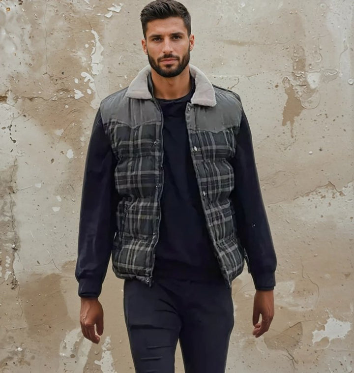 Stylish men's zip-up puffer vest in red plaid, featuring a warm sherpa collar, perfect for cool weather.