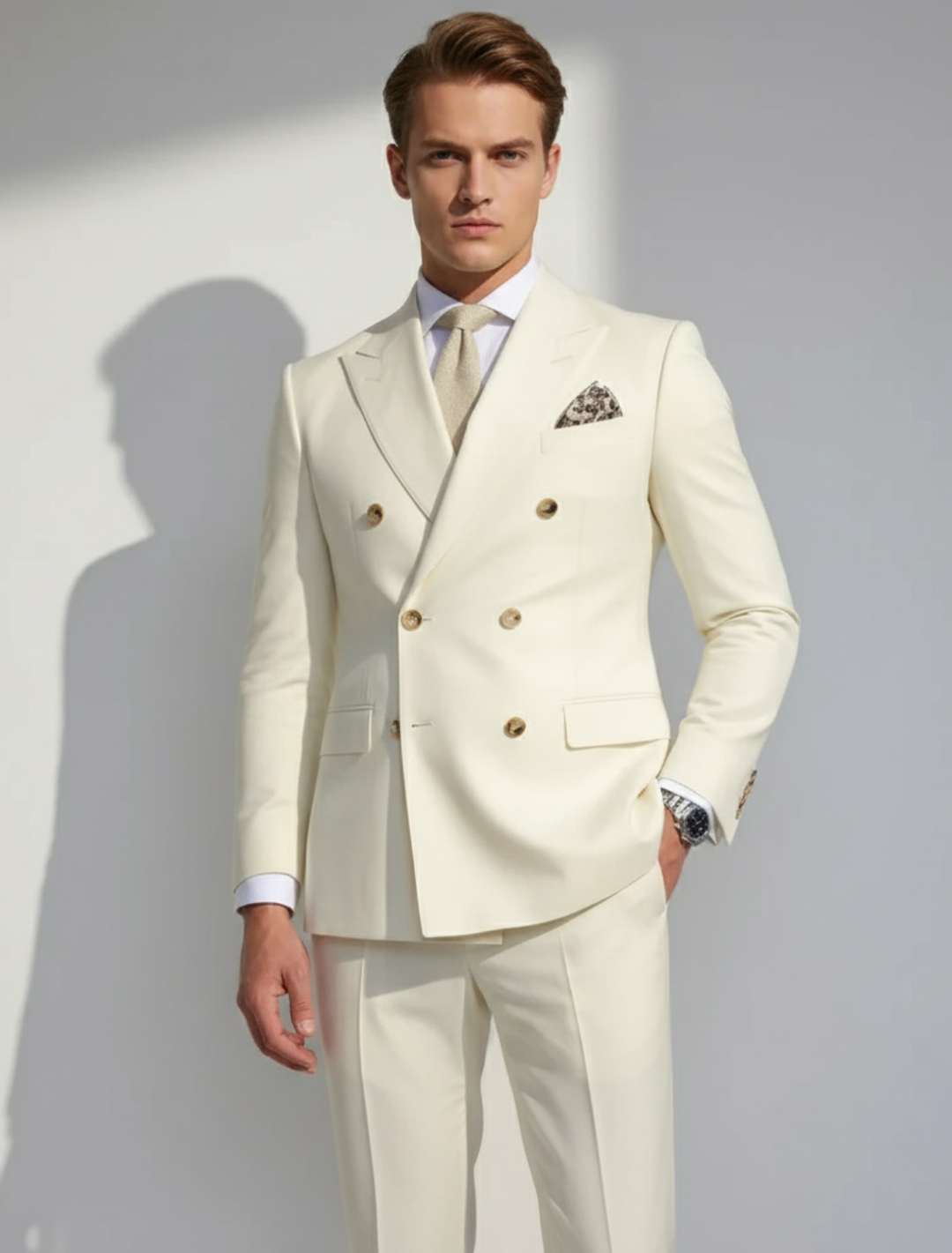 Men's refined double-breasted suit set, tailored for timeless formal wear, business, or wedding events. Classic two-piece.