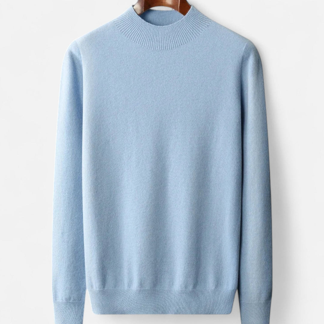Men's refined half-turtleneck sweater, timeless classic pullover for elegant winter style.